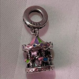 Sterling Silver 925 Carousel Charm Pendant with Pink, Blue & Lime Green Enamel